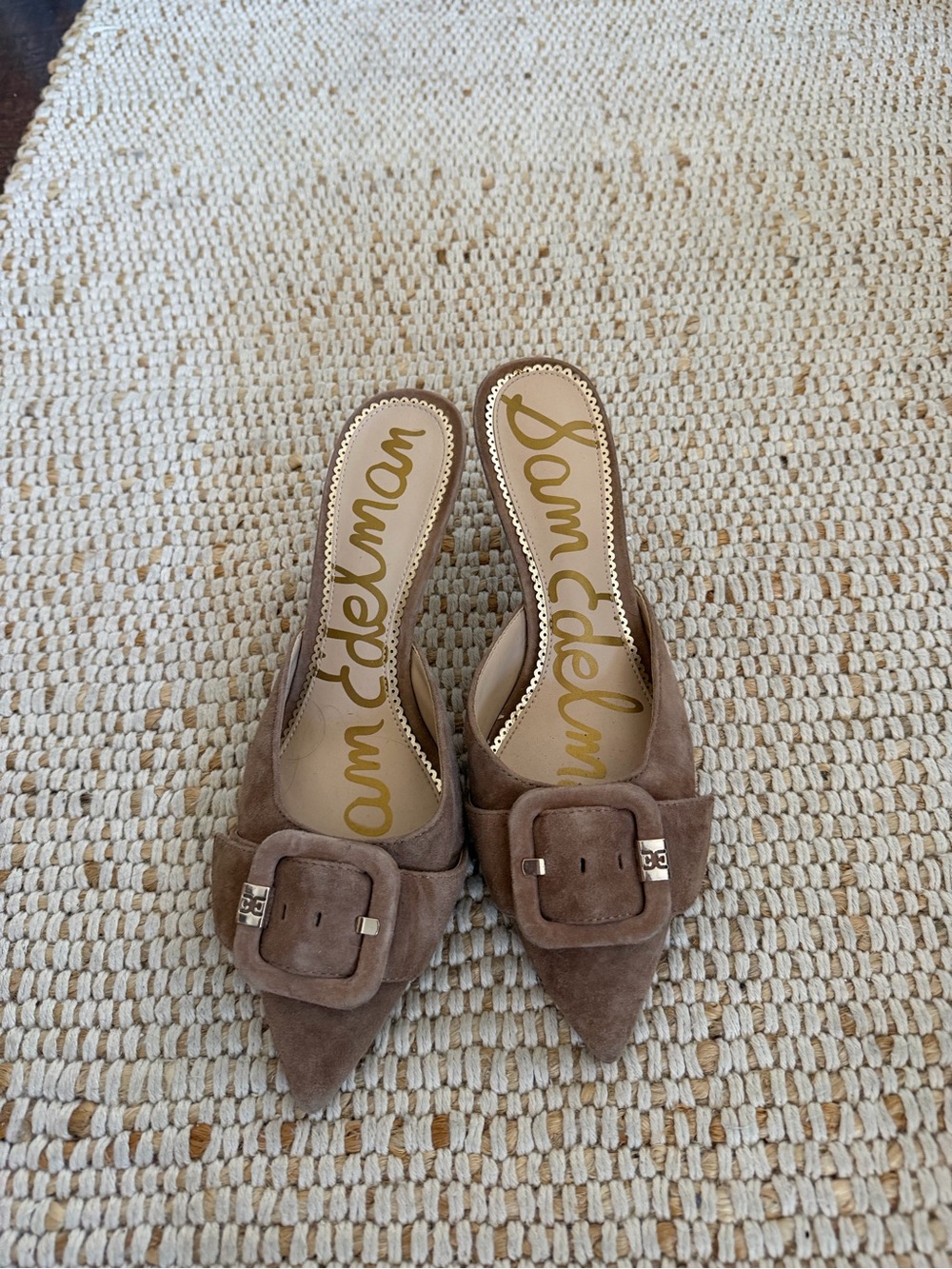 Sam Edelman Taupe Pointed-Toe Suede Buckle Mules